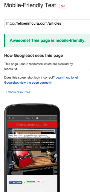 Mobile friendly tester from Google